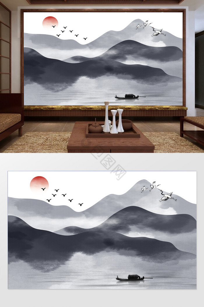 新中式水墨水彩蓝灰色意境山水船电视背景墙图片
