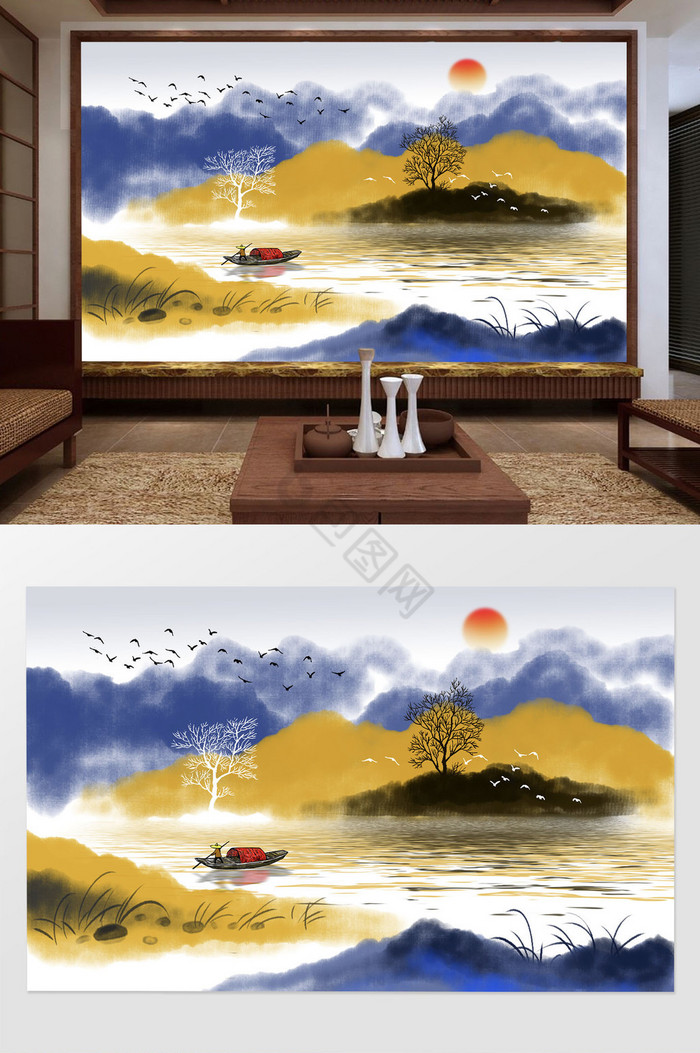 中式彩色墨韵水墨山水背景墙图片