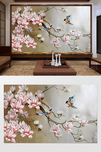 中国风水墨工笔手绘花鸟玉兰花背景墙图片