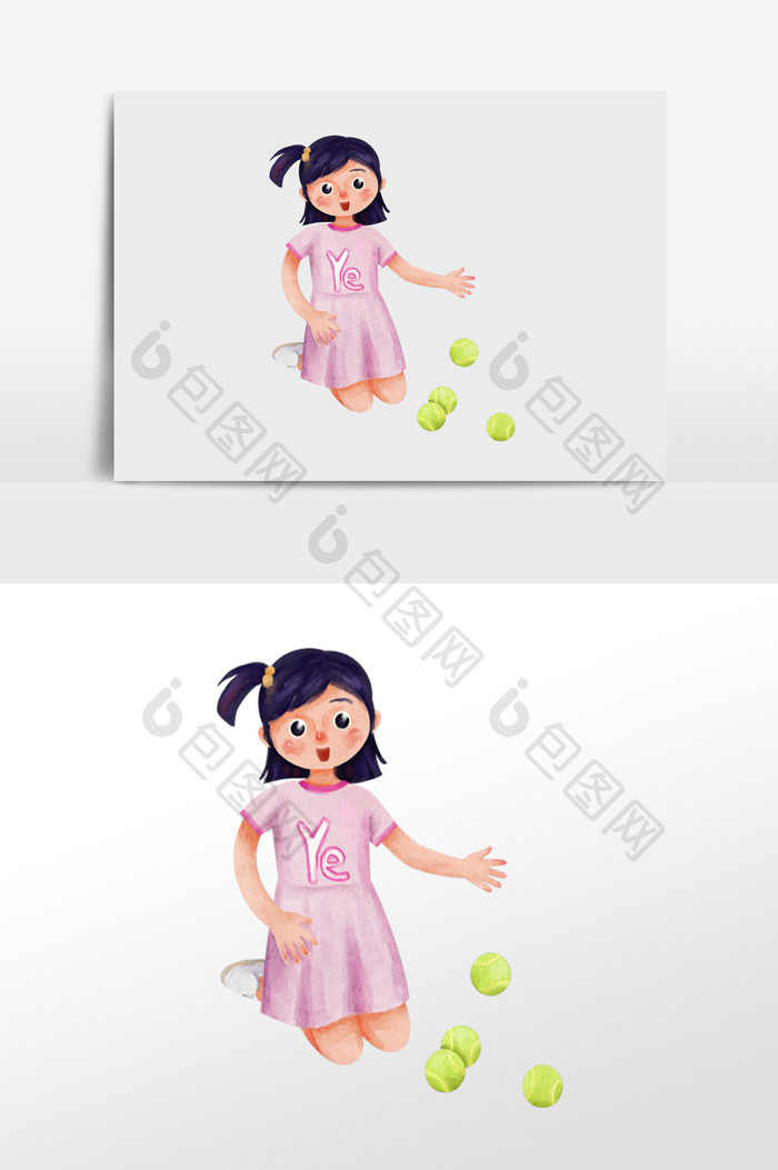 水彩手绘元素运动捡球捡网球的网球女孩