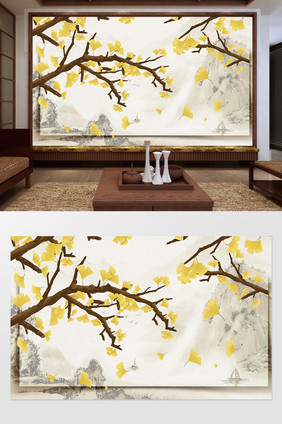 新中式创意银杏装饰定制电视背景墙