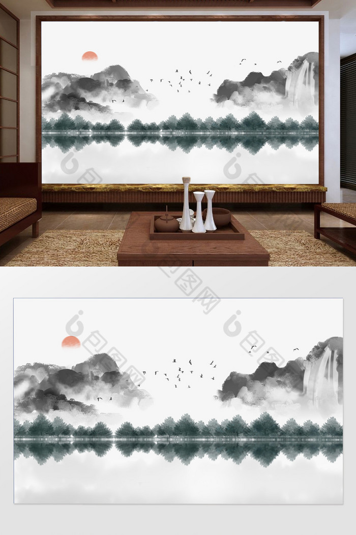 新中式抽象水墨山水客厅背景墙定制效果图-【包图网】