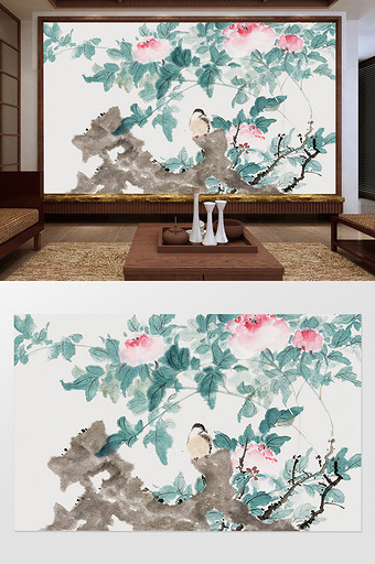 中国风手绘水墨花鸟背景墙图片