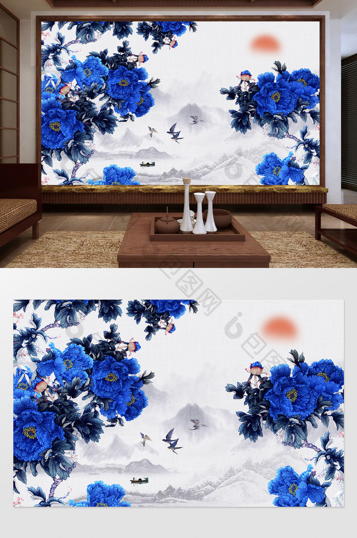 新中式蓝色唯美牡丹燕子电视背景墙