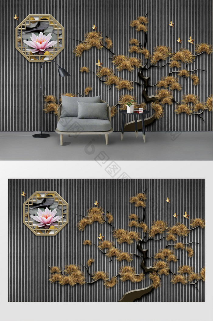 现代简约中式金色松树荷花窗格时尚背景墙