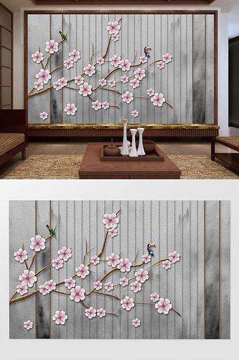 中式意境水墨粉色梅花花枝鸟简约背景墙图片