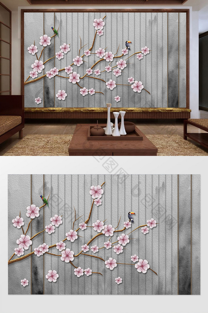 中式意境水墨粉色梅花花枝鸟简约背景墙