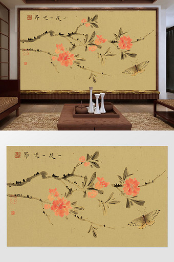 中国风简约手绘一花一世界花鸟背景墙图片