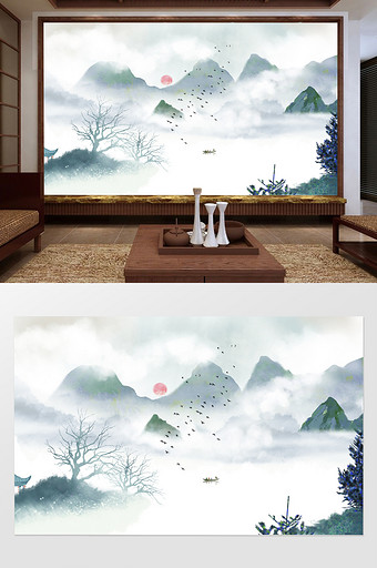 新中式意境水墨山水壁画背景墙定制图片