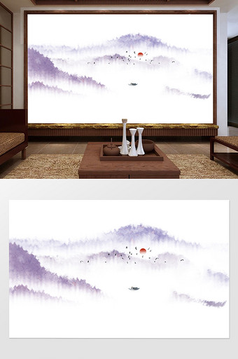 新中式创意意境水墨山水背景墙装饰定制图片