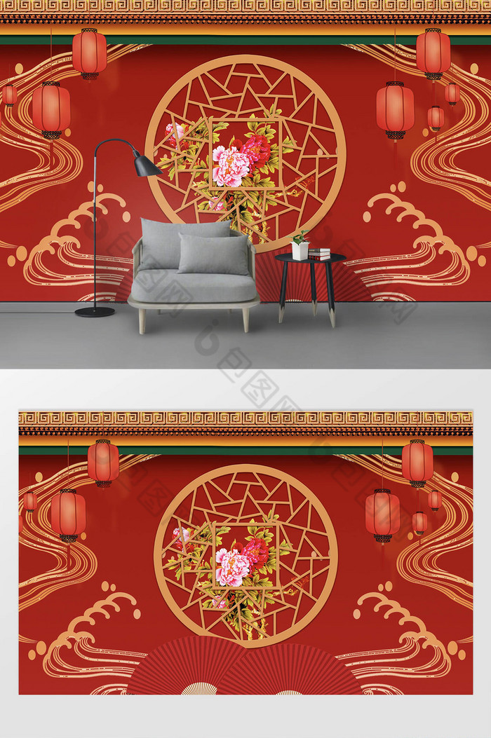 红色中式影楼婚纱写真摄影工装背景墙图片图片