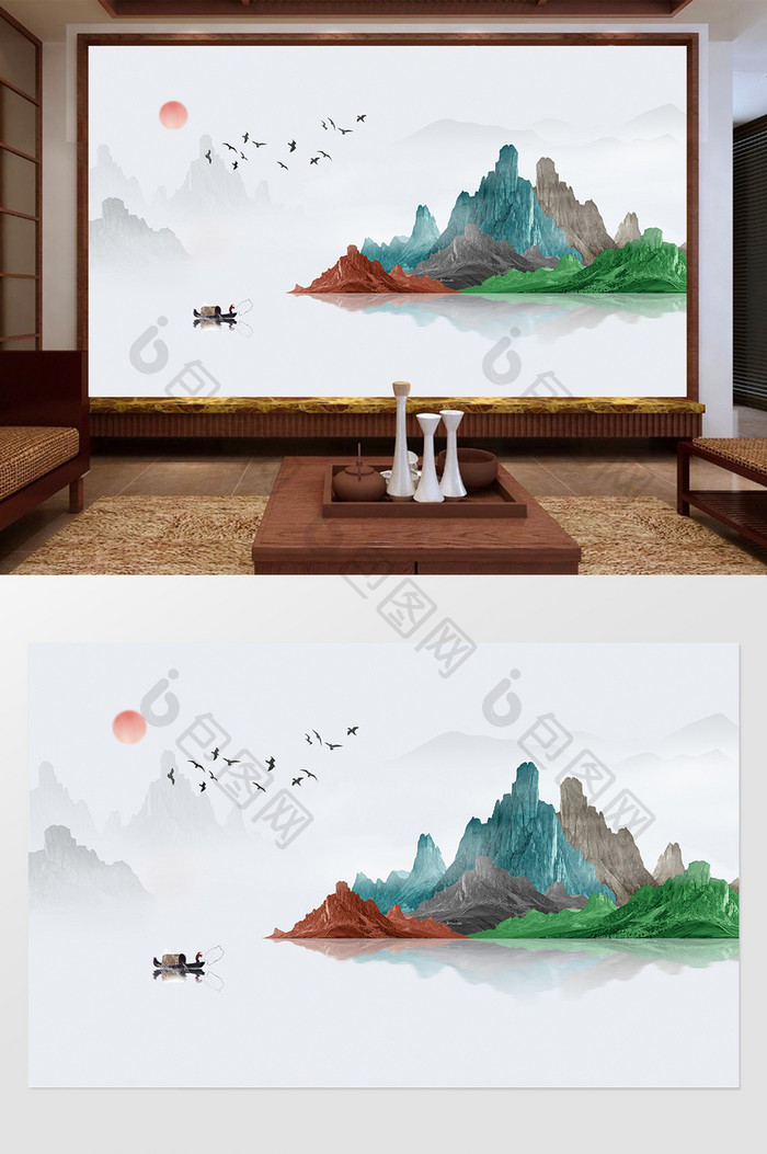 新中式彩色山水小船定制背景墙