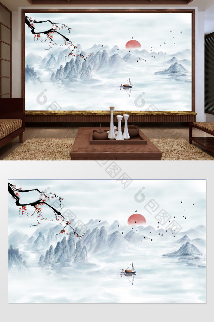 新中式清新大气怡景山水风景背景墙图片图片