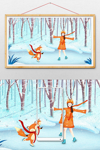小清新冬季之女孩和狐狸一起溜冰图片