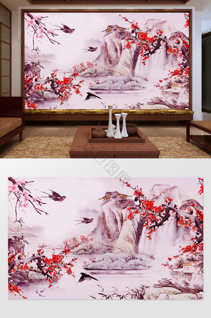 梅花山水飞鸟背景墙图片