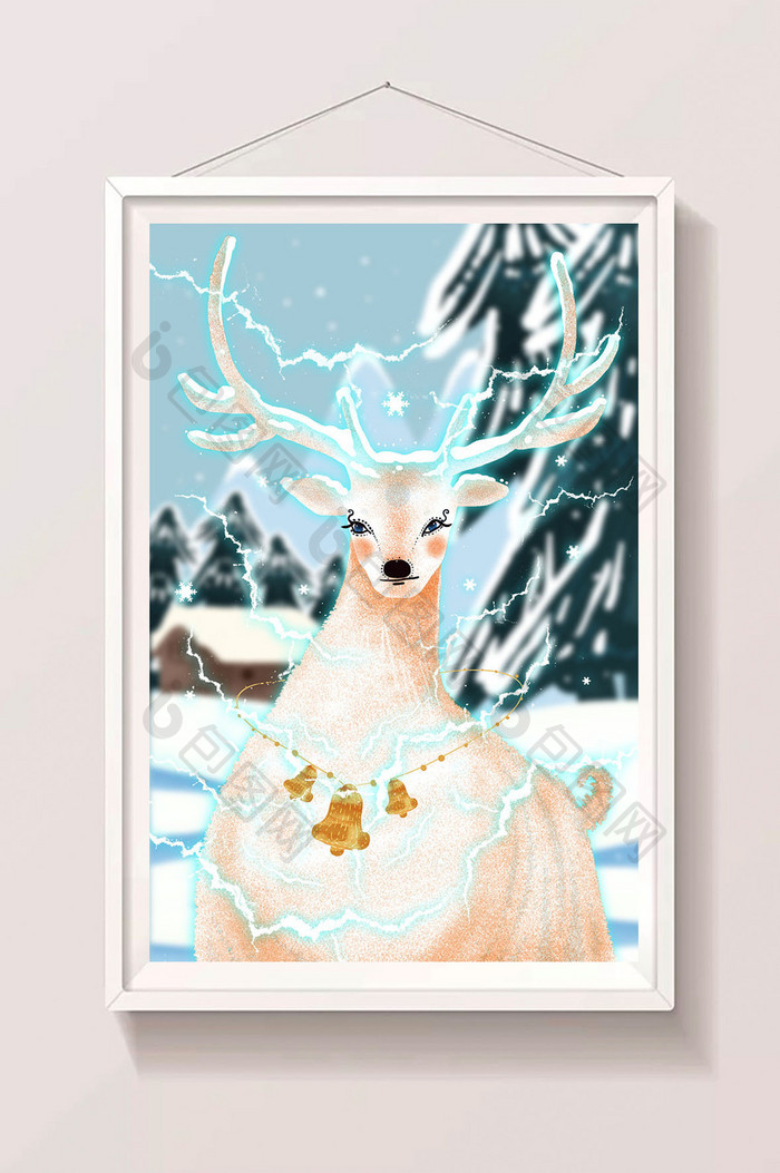 白色圣诞节白色麋鹿清新唯美插画