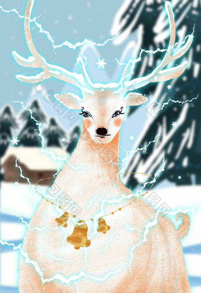 白色圣诞节白色麋鹿清新唯美插画