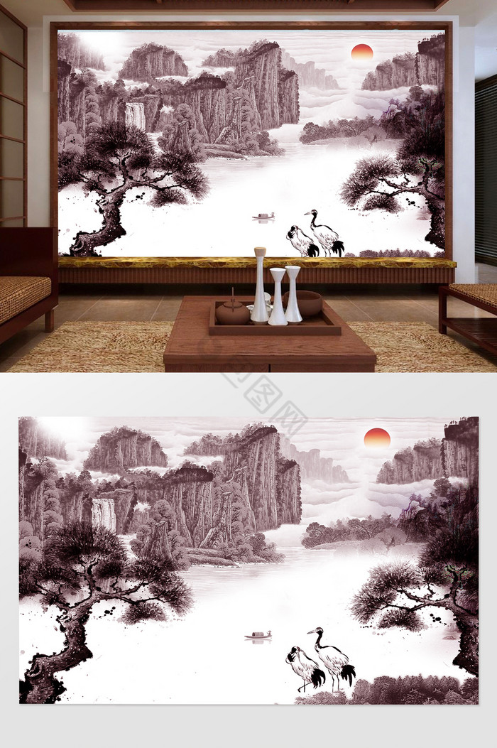 山水白鹭榕树背景墙图片