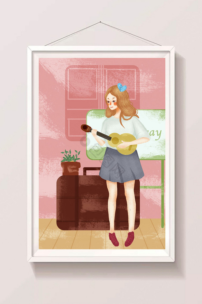 弹吉他的女孩生活插画图片