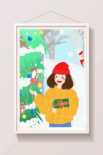 绿色简约扁平圣诞节收到礼物插画图片