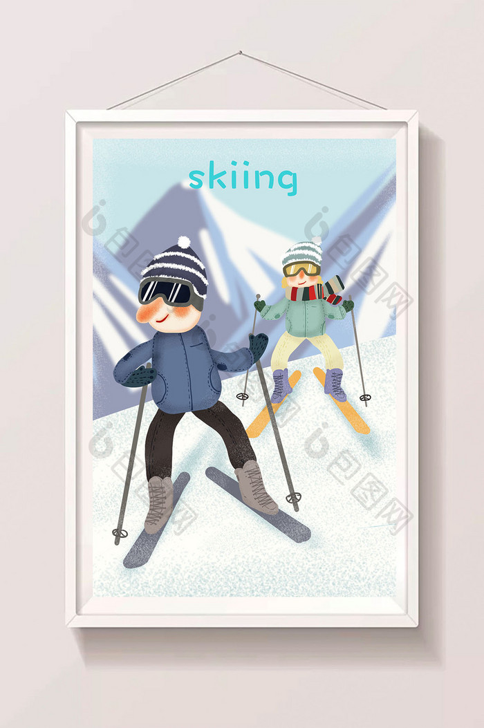 白色冬天滑雪父女温馨生活插画