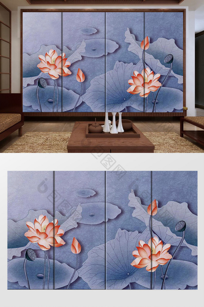 新中式手绘荷花电视背景墙