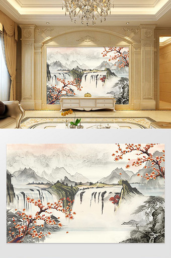 中式意境抽象梅花小鸟山水画复古电视背景墙图片