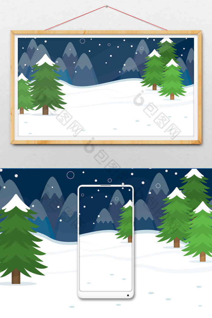雪天松树插画图片-包图网
