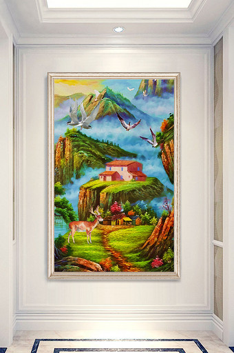 中式唯美油画瀑布风景画小鹿玄关装饰画图片下载