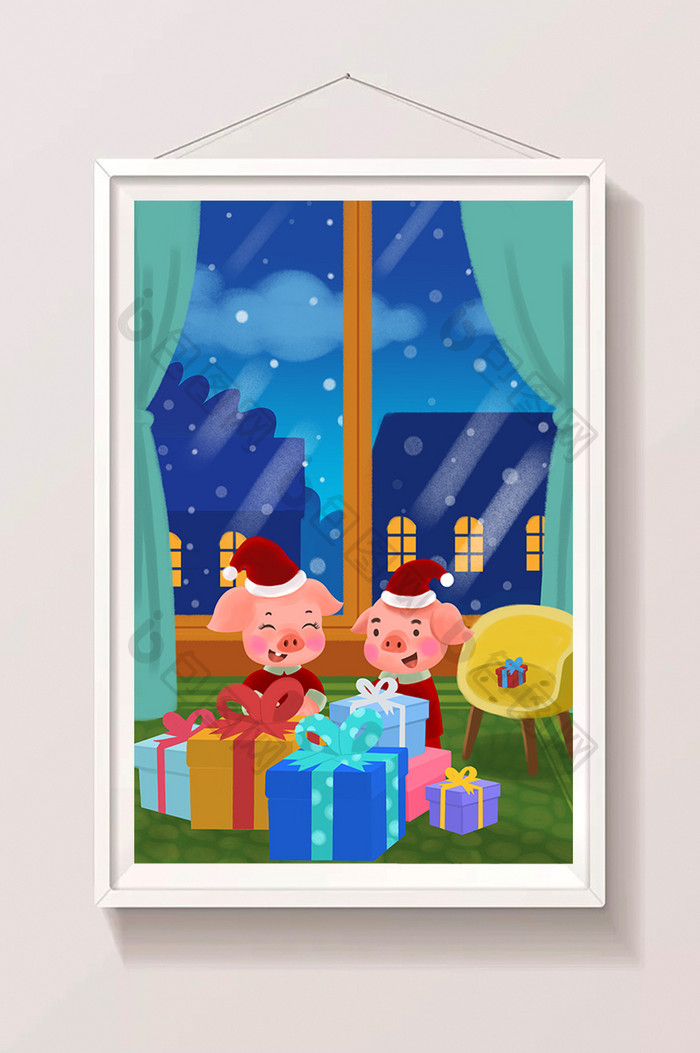 2019新年圣诞节温馨小猪圣诞节礼物插画