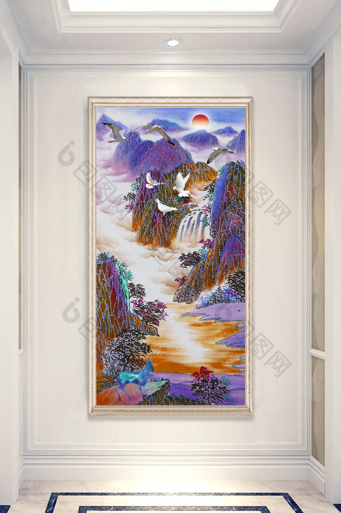 中式唯美大雁白鸽抽象山峰山水画玄关装饰画