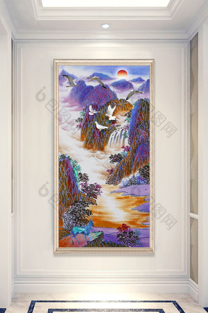 中式唯美大雁白鸽抽象山峰山水画玄关装饰画图片图片