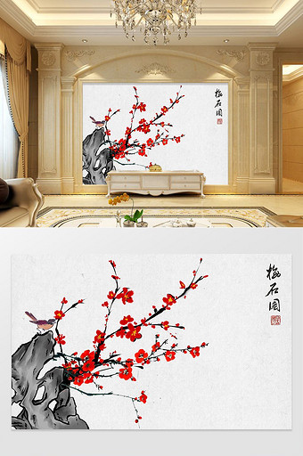 中国风手绘花鸟梅花背景墙图片