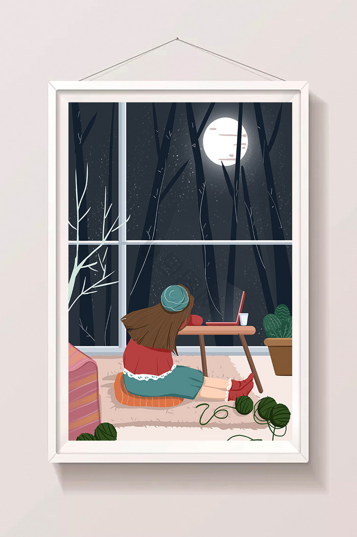 冬日月亮夜晚时光女孩生活插画图片