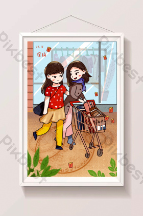 双十一姐妹闺蜜购物车商场绿植玻璃插画图片