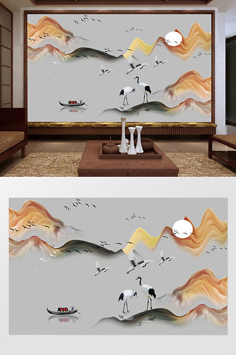 中式抽象手绘彩色山水鹤背景墙图片