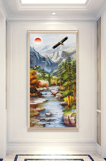 中式油画意境山峰森林小溪大雁玄关装饰画图片