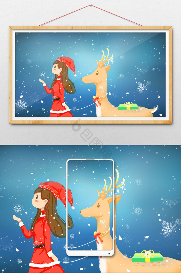 深冬天圣诞节圣诞鹿插画图片