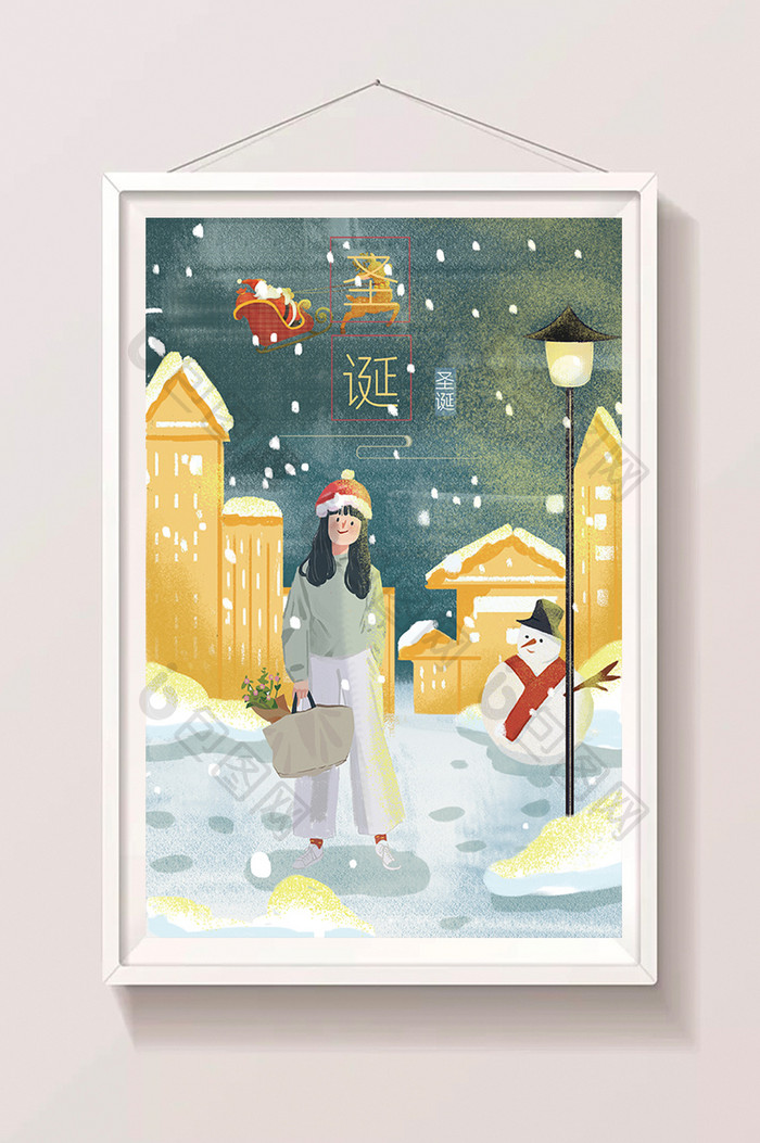 圣诞节圣诞少女雪人雪景梦幻卡通手绘插画