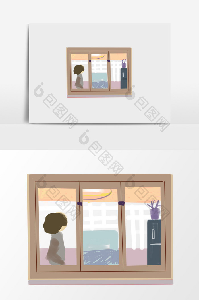 手绘客厅窗户插画元素