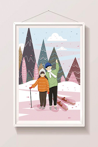冬日雪景雪地滑雪情侣插画图片