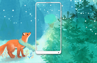 冬天童话故事森林里的小狐狸水彩插画图片