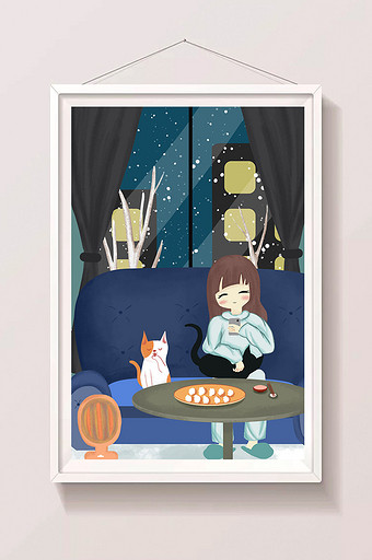 立冬寒冷吃饺子的女孩插画图片