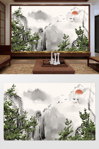 新中式唯美山峦松树松鹤风景画定制背景墙图片