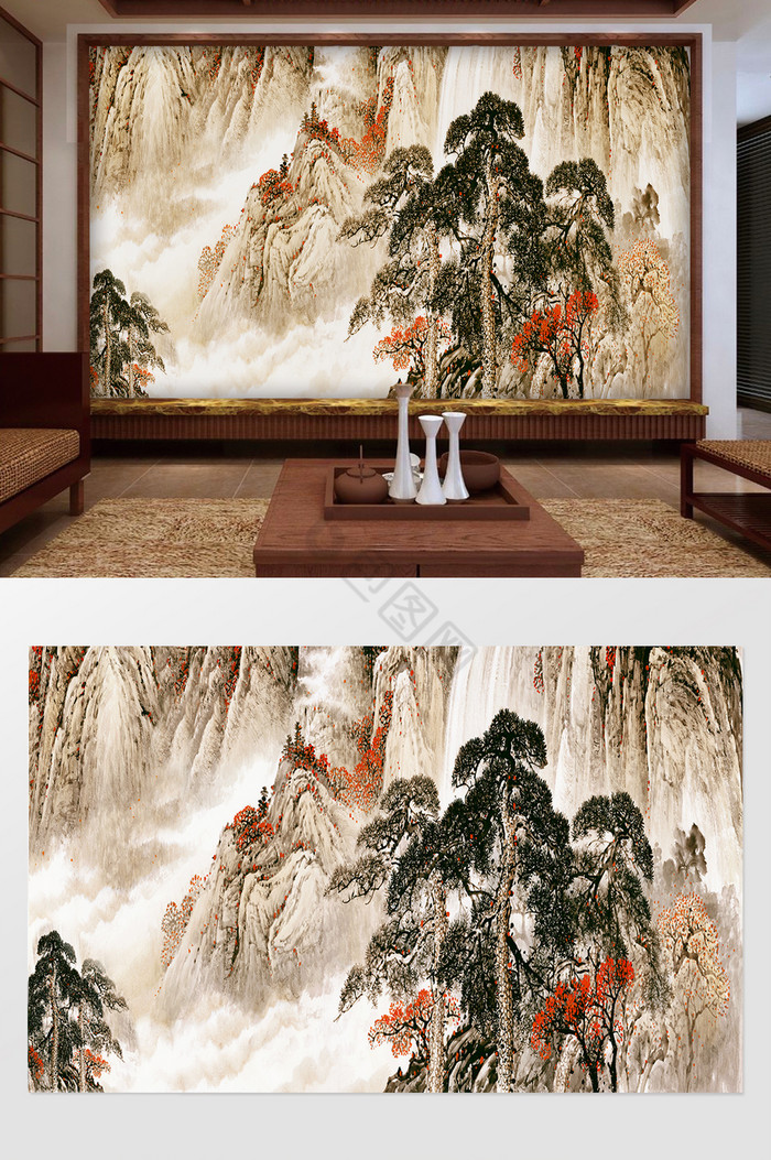 中式山河国画背景墙图片