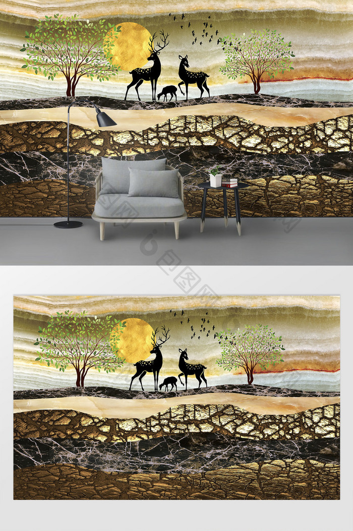 北欧现代抽象鹿客厅背景墙装饰画
