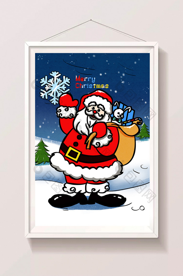 圣诞节圣诞老人雪地深夜星星圣诞树雪花插画