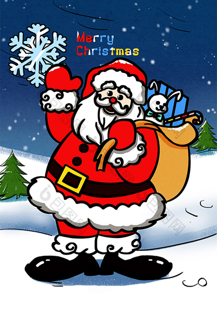 圣诞节圣诞老人雪地深夜星星圣诞树雪花插画