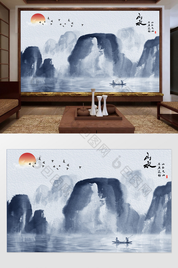新中式意境手绘山水船倒影电视机背景墙