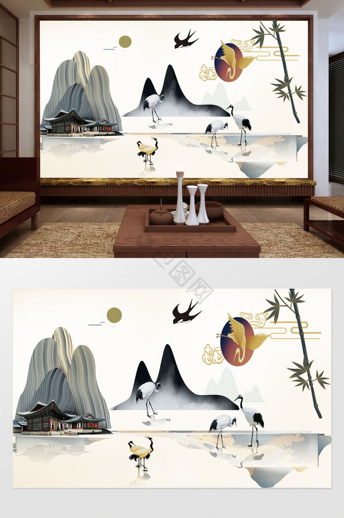新现代中式抽象山水仙鹤燕子背景墙图片